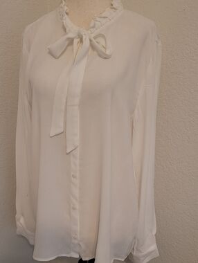 Women's White Tie-Neck Ruffle Blouse